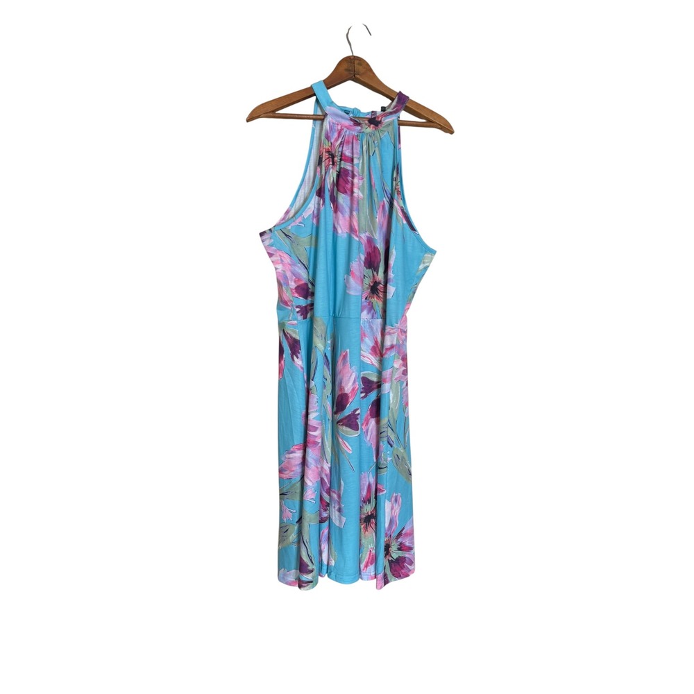 Floral Halter Neck Fit and Flare Dress Turquoise Blue Purple Sleeveless 2XL - Picture 2 of 7